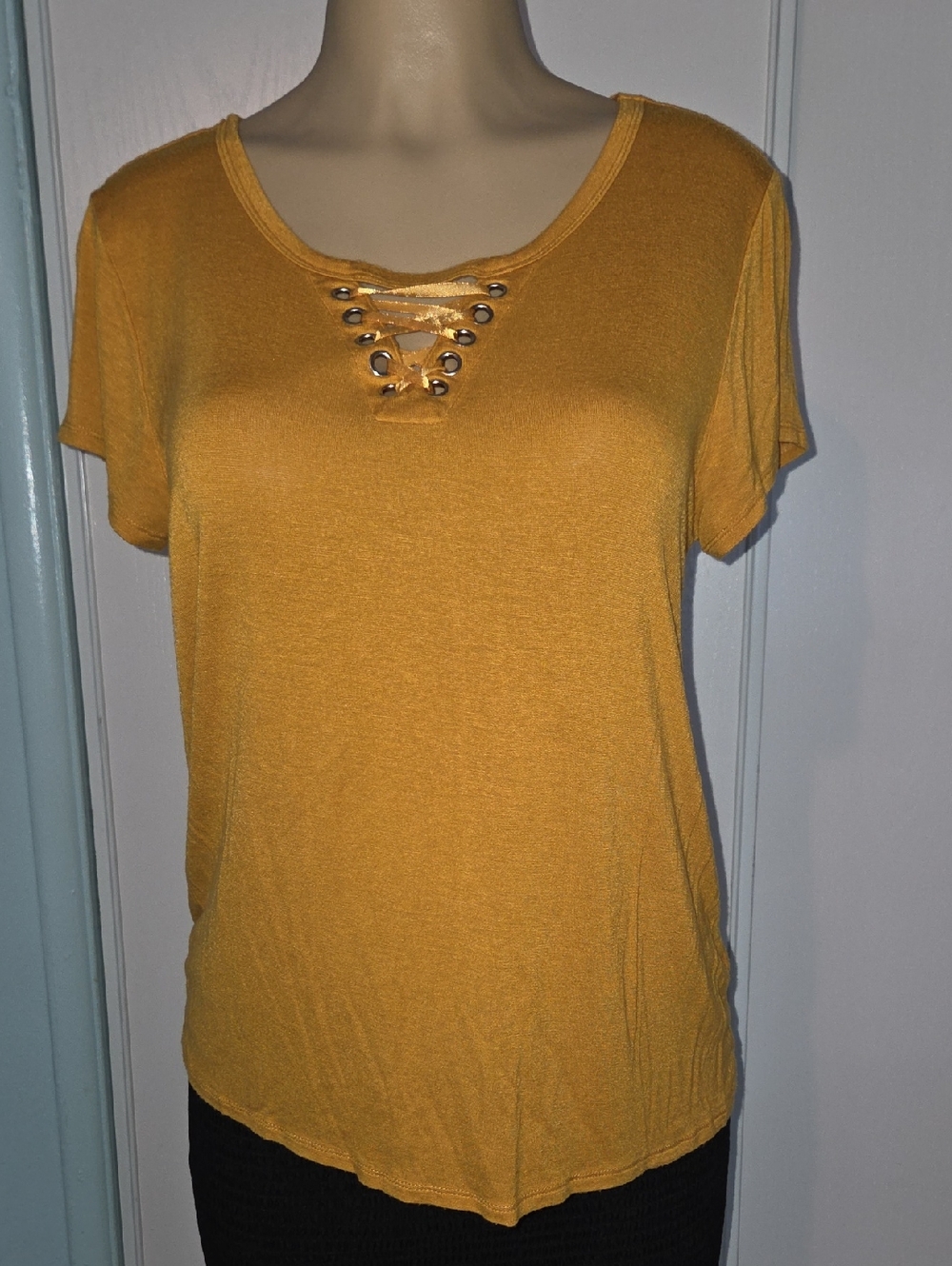 Lace-Up Scoop Neck Short Sleeve Top in Mustard- Moral Fiber brand